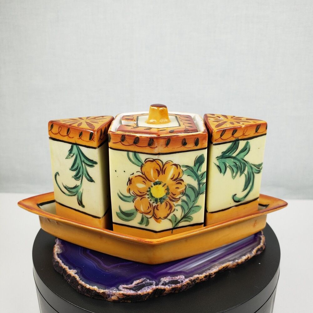 Japanese Vintage Porcelain Salt and Pepper Shaker w/Sugar Bowl and Diamond Tray